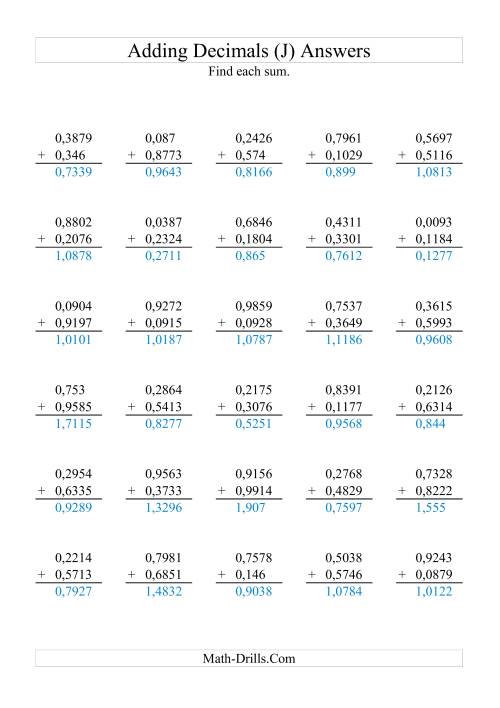 The Adding Decimals (Range 0,0001 to 0,9999) (J) Math Worksheet Page 2