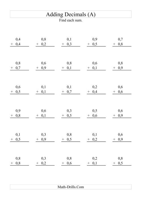 The Adding Decimals (Range 0,1 to 0,9) (A) Math Worksheet