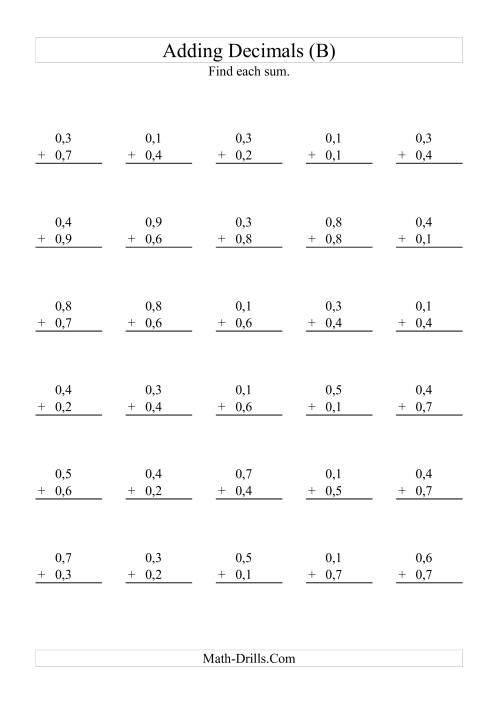 The Adding Decimals (Range 0,1 to 0,9) (B) Math Worksheet