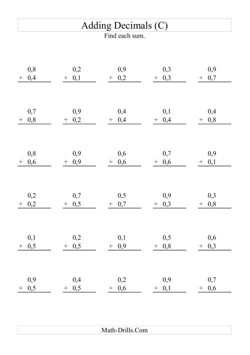 The Adding Decimals (Range 0,1 to 0,9) (C) Math Worksheet