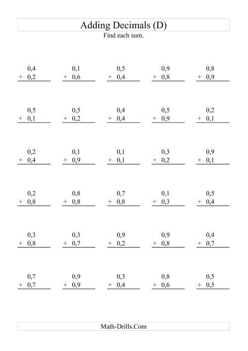 The Adding Decimals (Range 0,1 to 0,9) (D) Math Worksheet