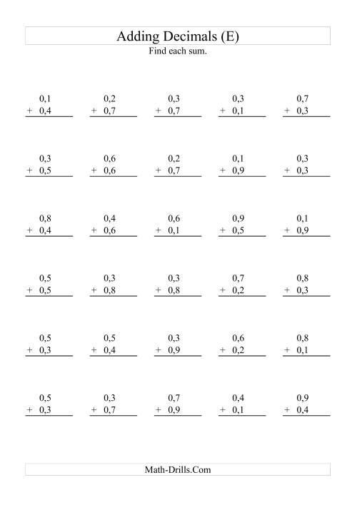 The Adding Decimals (Range 0,1 to 0,9) (E) Math Worksheet