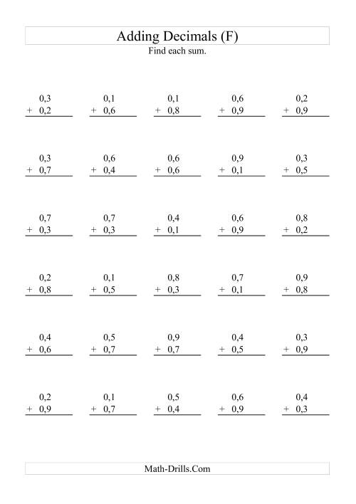 The Adding Decimals (Range 0,1 to 0,9) (F) Math Worksheet