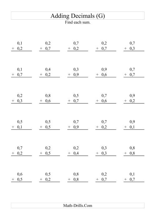 The Adding Decimals (Range 0,1 to 0,9) (G) Math Worksheet