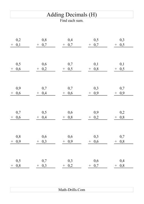 The Adding Decimals (Range 0,1 to 0,9) (H) Math Worksheet