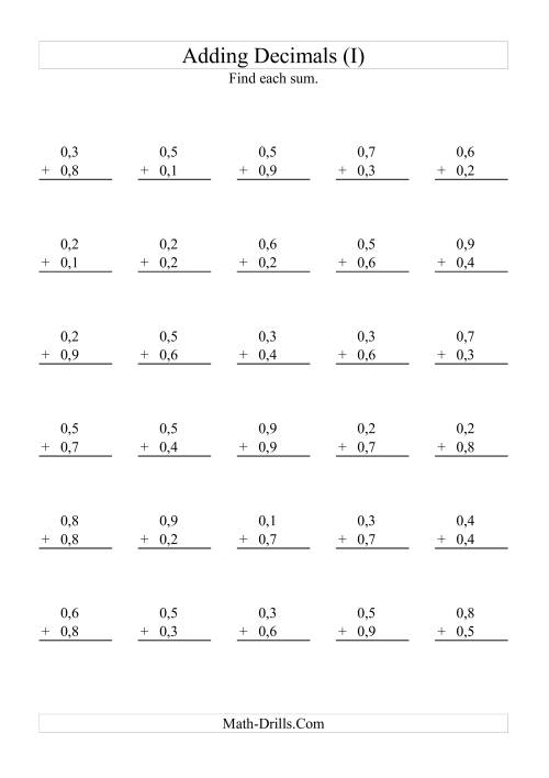The Adding Decimals (Range 0,1 to 0,9) (I) Math Worksheet