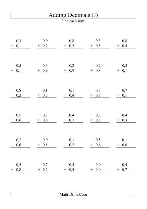 The Adding Decimals (Range 0,1 to 0,9) (J) Math Worksheet