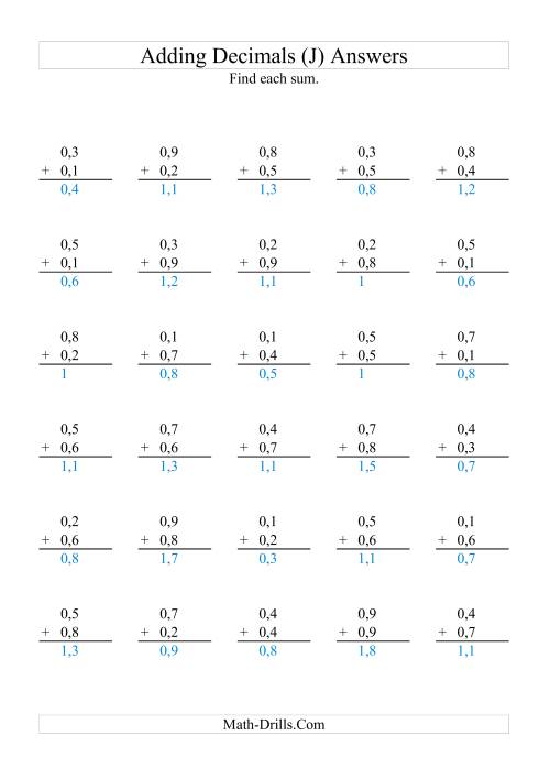 The Adding Decimals (Range 0,1 to 0,9) (J) Math Worksheet Page 2