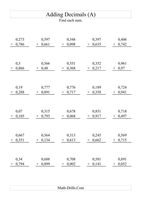 The Adding Decimals (Range 0,001 to 0,999) (A) Math Worksheet