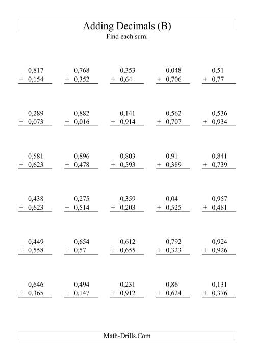 The Adding Decimals (Range 0,001 to 0,999) (B) Math Worksheet