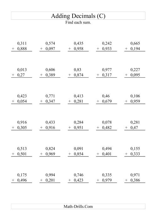 The Adding Decimals (Range 0,001 to 0,999) (C) Math Worksheet