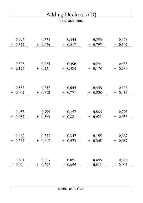 The Adding Decimals (Range 0,001 to 0,999) (D) Math Worksheet