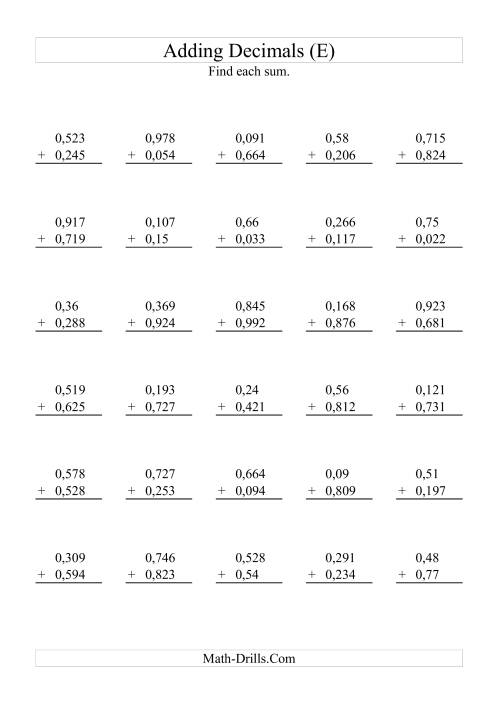 The Adding Decimals (Range 0,001 to 0,999) (E) Math Worksheet