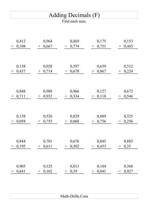 The Adding Decimals (Range 0,001 to 0,999) (F) Math Worksheet