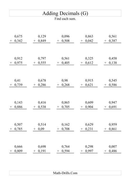 The Adding Decimals (Range 0,001 to 0,999) (G) Math Worksheet