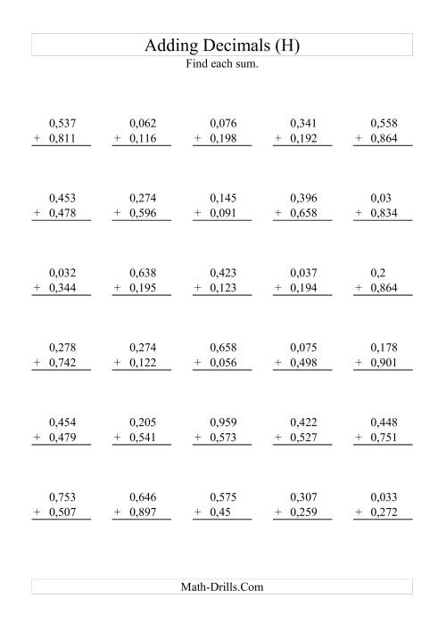 The Adding Decimals (Range 0,001 to 0,999) (H) Math Worksheet