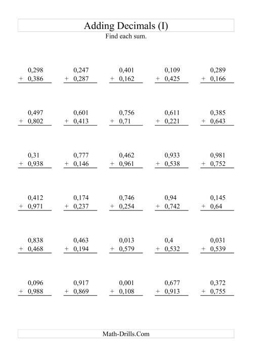 The Adding Decimals (Range 0,001 to 0,999) (I) Math Worksheet