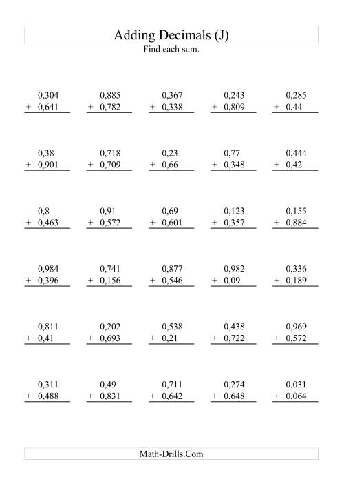The Adding Decimals (Range 0,001 to 0,999) (J) Math Worksheet