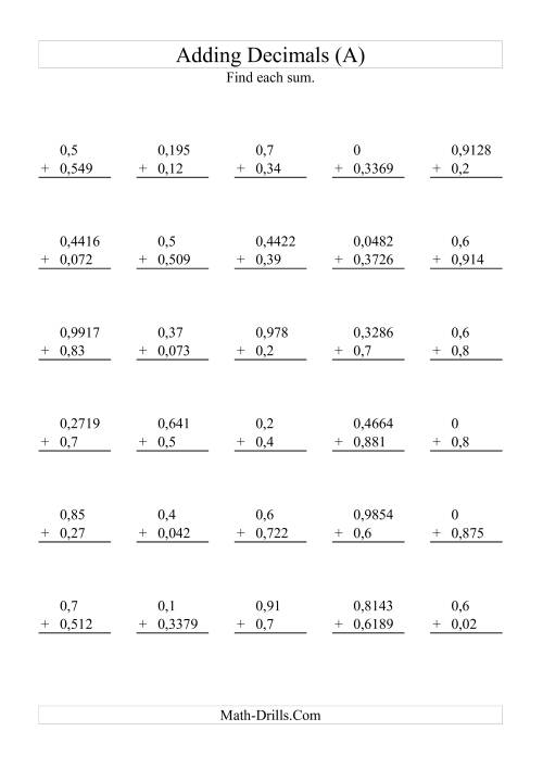 The Adding Decimals with Various Decimal Places (A) Math Worksheet