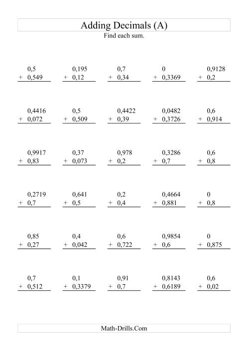 Adding Decimals With Various Decimal Places A 