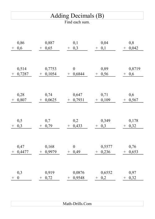 The Adding Decimals with Various Decimal Places (B) Math Worksheet