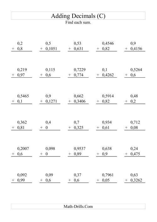 The Adding Decimals with Various Decimal Places (C) Math Worksheet