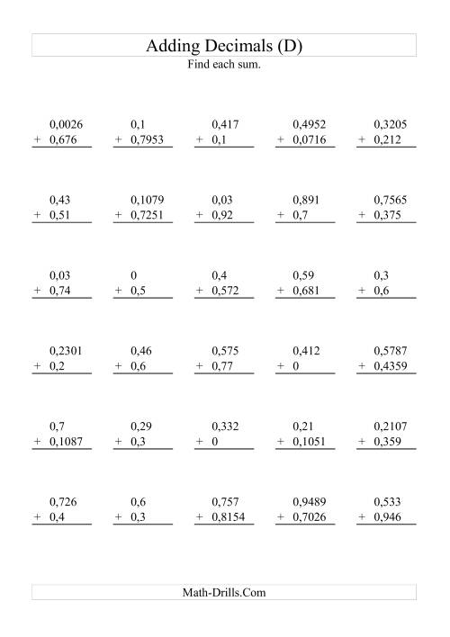 The Adding Decimals with Various Decimal Places (D) Math Worksheet