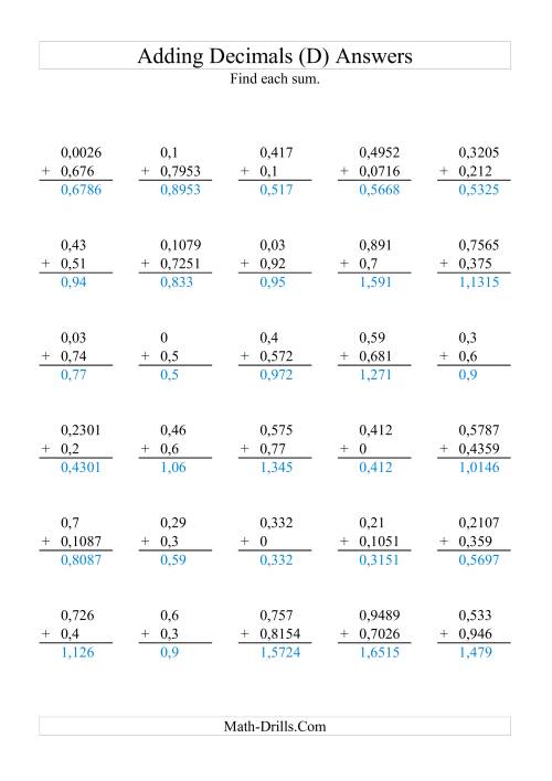 The Adding Decimals with Various Decimal Places (D) Math Worksheet Page 2