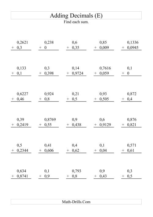 The Adding Decimals with Various Decimal Places (E) Math Worksheet