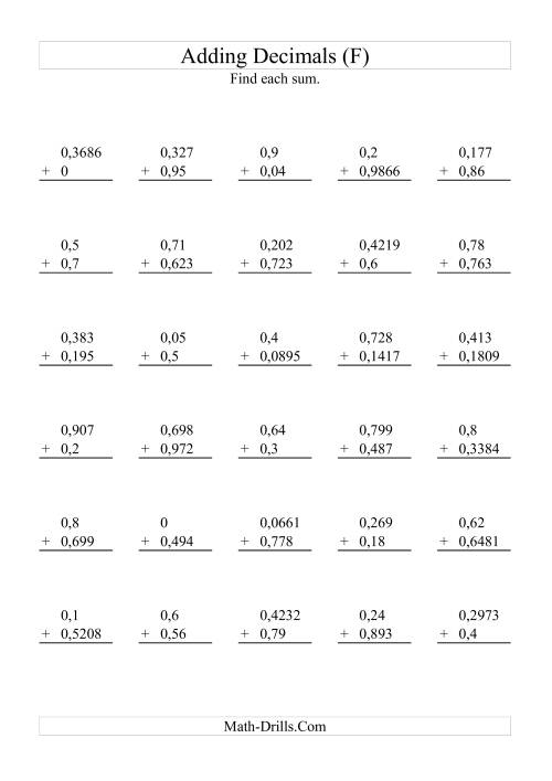 The Adding Decimals with Various Decimal Places (F) Math Worksheet