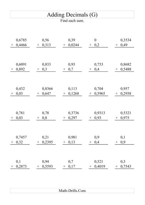 The Adding Decimals with Various Decimal Places (G) Math Worksheet