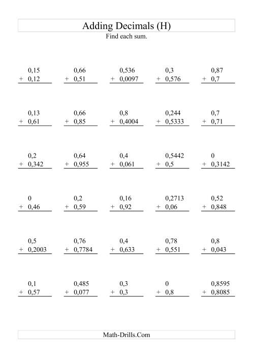The Adding Decimals with Various Decimal Places (H) Math Worksheet