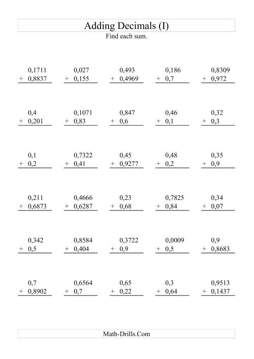 The Adding Decimals with Various Decimal Places (I) Math Worksheet