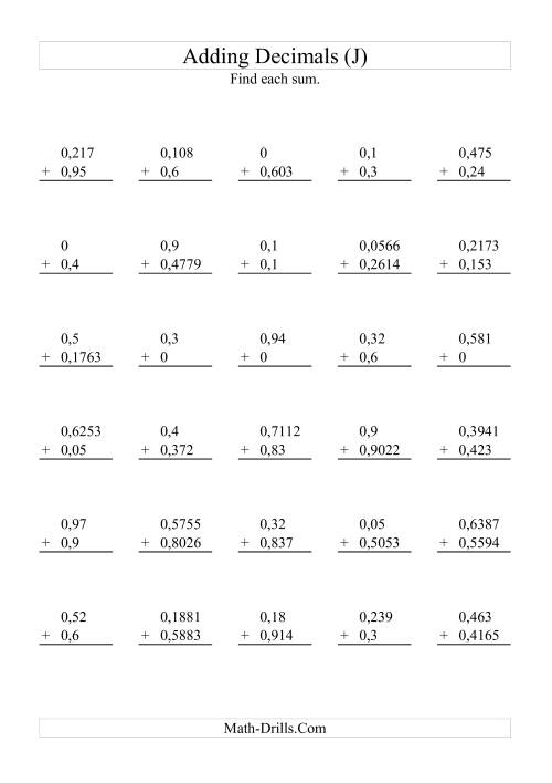 The Adding Decimals with Various Decimal Places (J) Math Worksheet