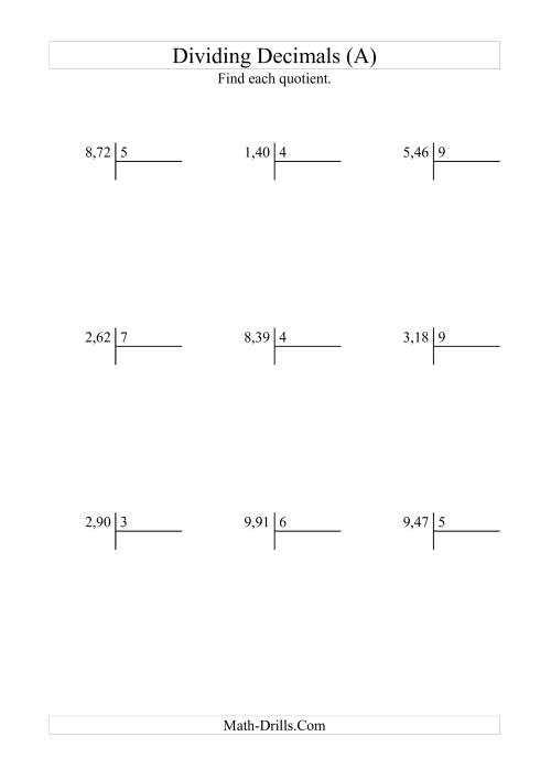 The Dividing Hundredths by a Whole Number (A) Math Worksheet