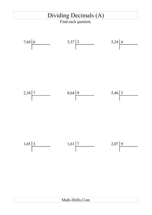 The Dividing Hundredths by a Whole Number with an Easy Quotient (A) Math Worksheet