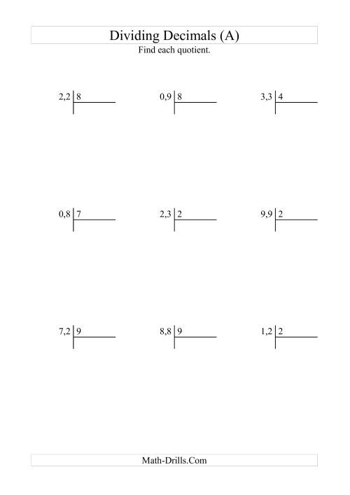The Dividing Tenths by a Whole Number (A) Math Worksheet