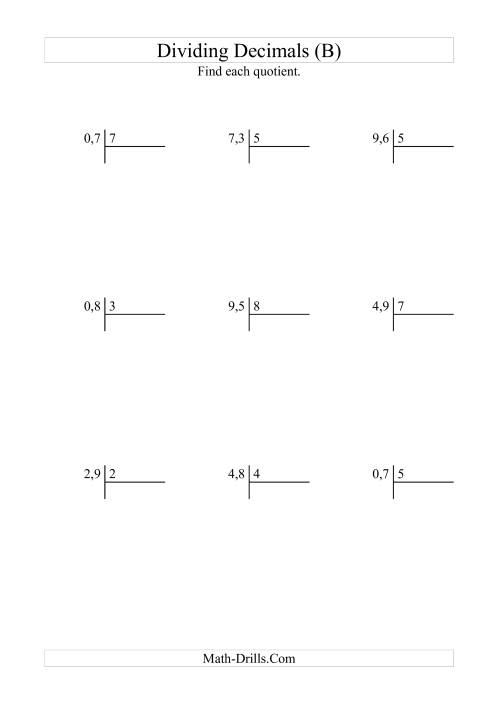The Dividing Tenths by a Whole Number (B) Math Worksheet