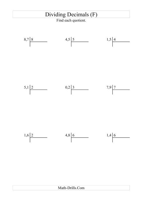 The Dividing Tenths by a Whole Number (F) Math Worksheet