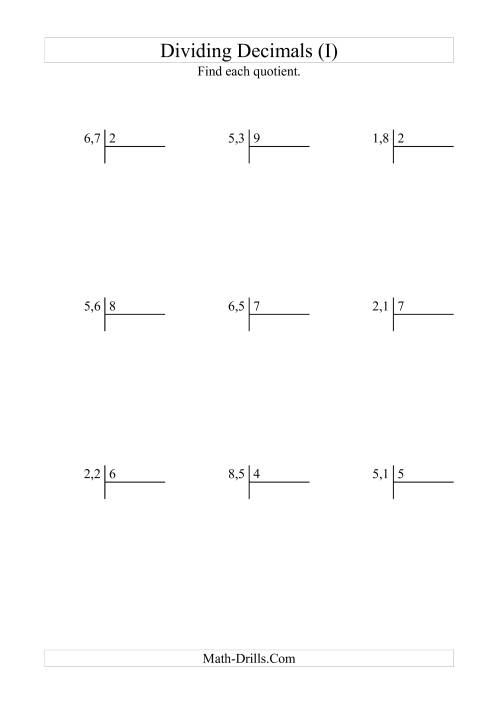The Dividing Tenths by a Whole Number (I) Math Worksheet