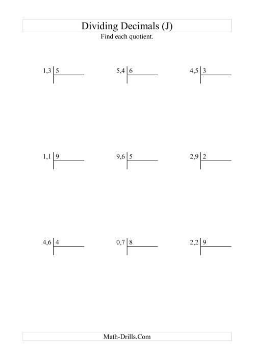 The Dividing Tenths by a Whole Number (J) Math Worksheet
