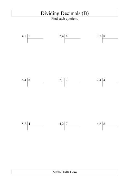 The Dividing Tenths by a Whole Number with an Easy Quotient (B) Math Worksheet