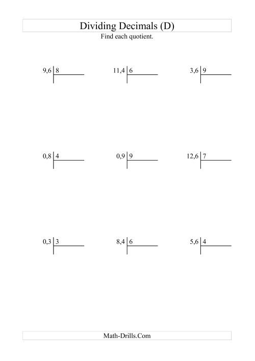 The Dividing Tenths by a Whole Number with an Easy Quotient (D) Math Worksheet