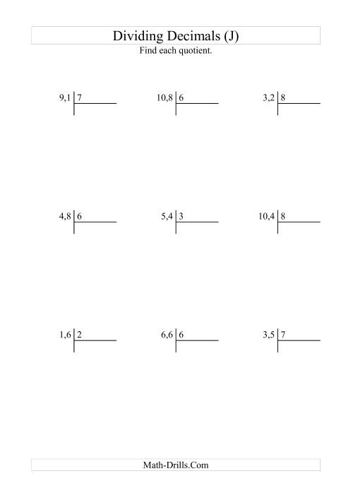 The Dividing Tenths by a Whole Number with an Easy Quotient (J) Math Worksheet