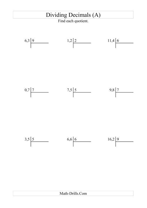 The Dividing Tenths by a Whole Number with an Easy Quotient (All) Math Worksheet