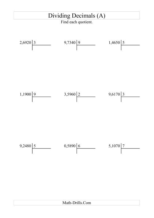 The Dividing Ten Thousandths by a Whole Number (A) Math Worksheet