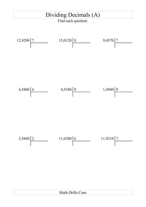 The Dividing Ten Thousandths by a Whole Number with an Easy Quotient (A) Math Worksheet