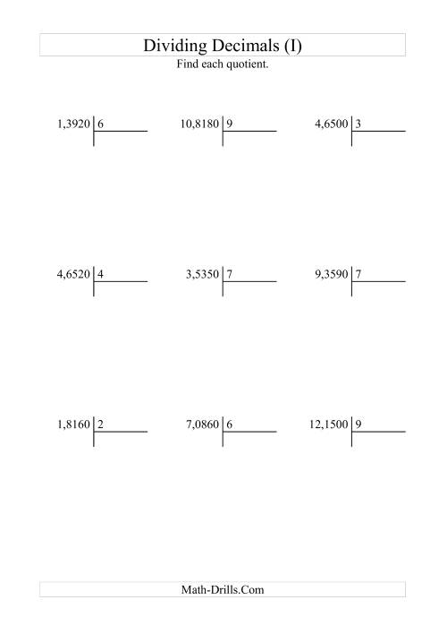 The Dividing Ten Thousandths by a Whole Number with an Easy Quotient (I) Math Worksheet