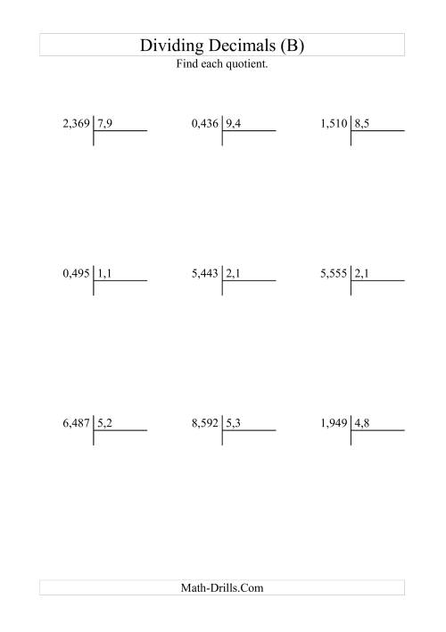 The Dividing Thousandths by Tenths (B) Math Worksheet