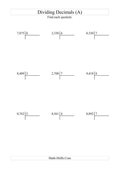 The Dividing Thousandths by a Whole Number (A) Math Worksheet